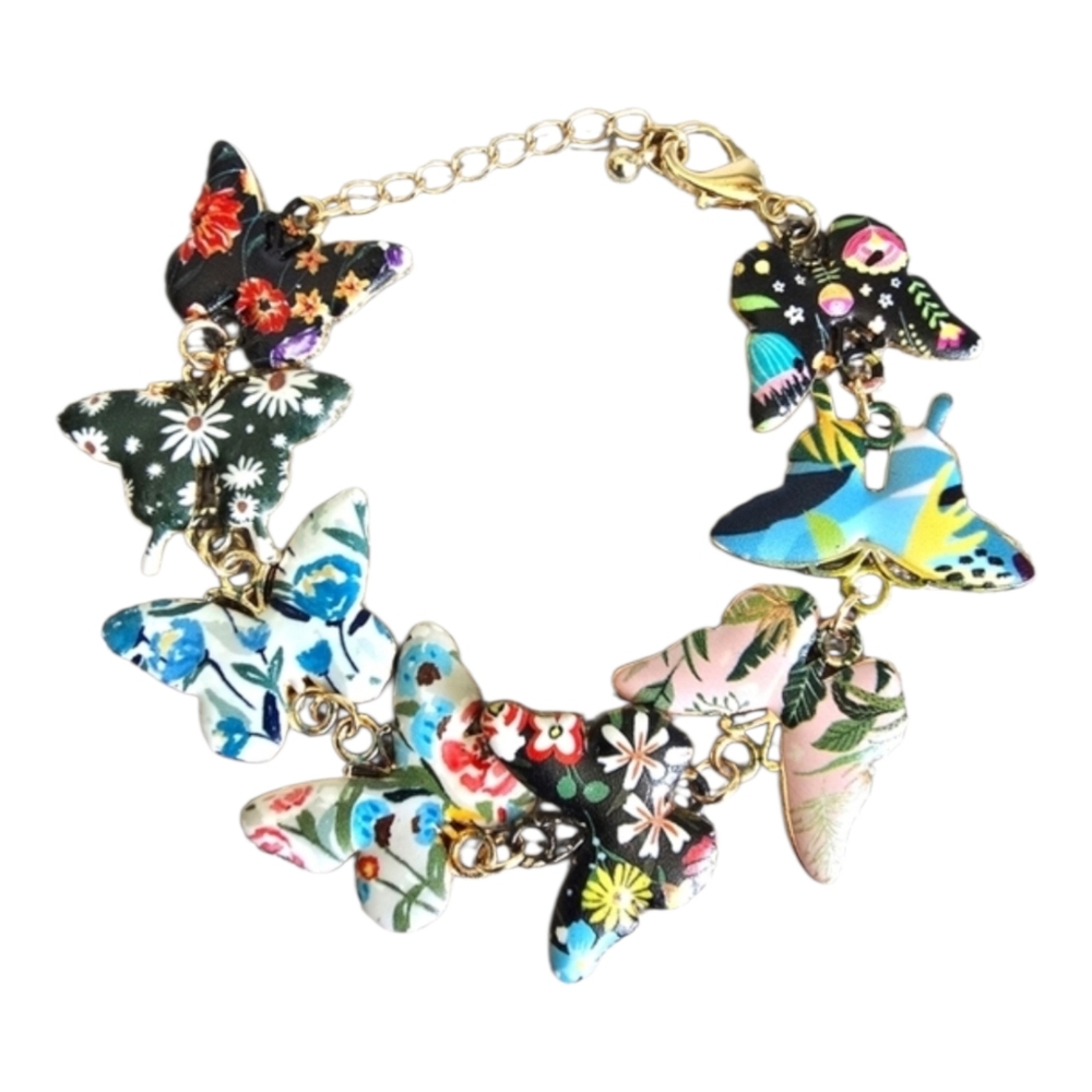 Boho Butterfly Floral Charm Whimsical Flower Gold Plated Summer Bracelet Jewelry